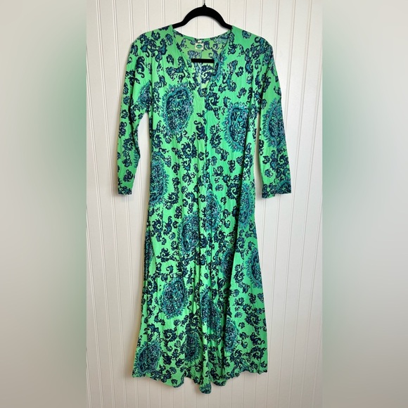 Dolma Green Print Long Sleeve V-Neck Maxi Dress 100% Cotton J34 - Picture 1 of 7
